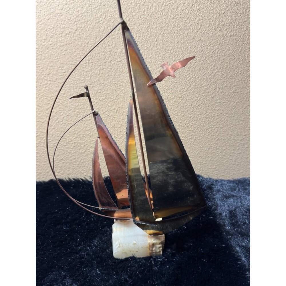 Vintage Copper & Brass Sailing Boat Sculpture With Marble Base